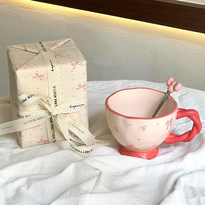Cute Bow Underglaze Color Cup Girls' High-value Ceramic Mug Couple Breakfast Cup Birthday Gift