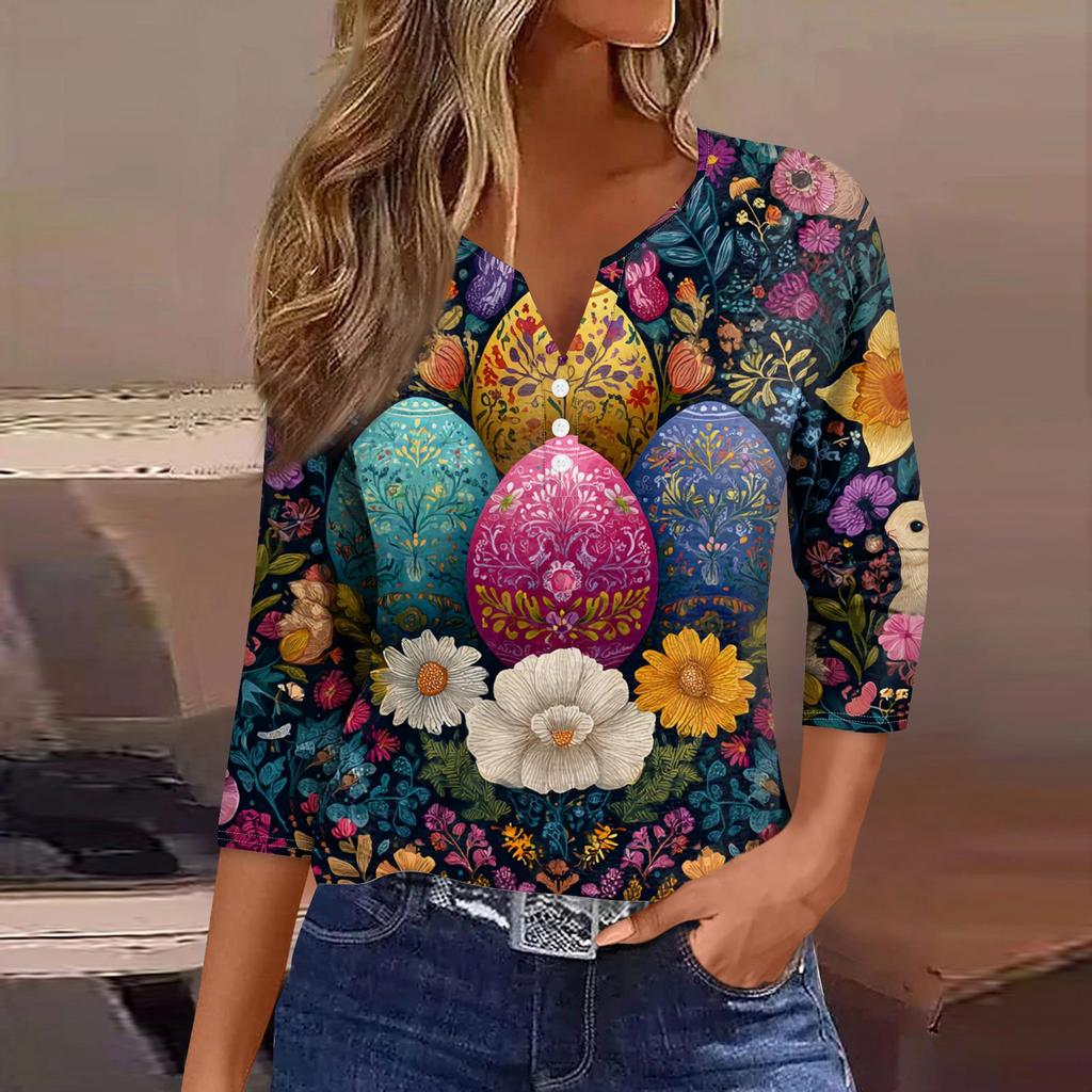 Women's Fashion Casual Easter Printed V-neck Short Sleeve Decorative Button Seven Sleeve T-shirt Top