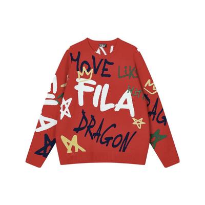 Fila Da Da Dragon Series New Year Couple Knitted Sweater With Color Block Fun Handwritten Pattern Unisex Sweater Legendary-Red F11U419402F-RD