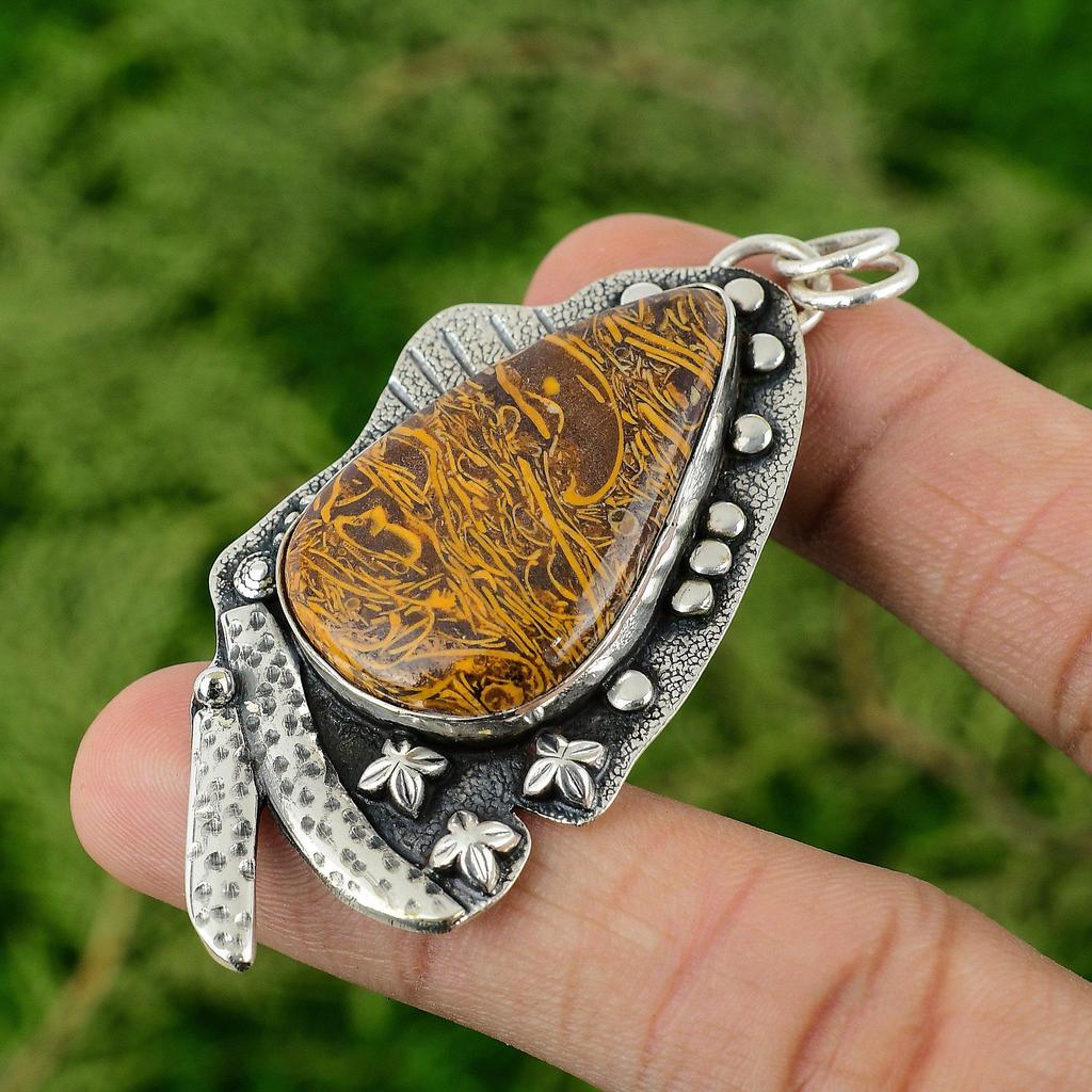 Daughters Day Deal Pear Mariam Jasper Stone 925 Sterling Silver Ethnic Pendant