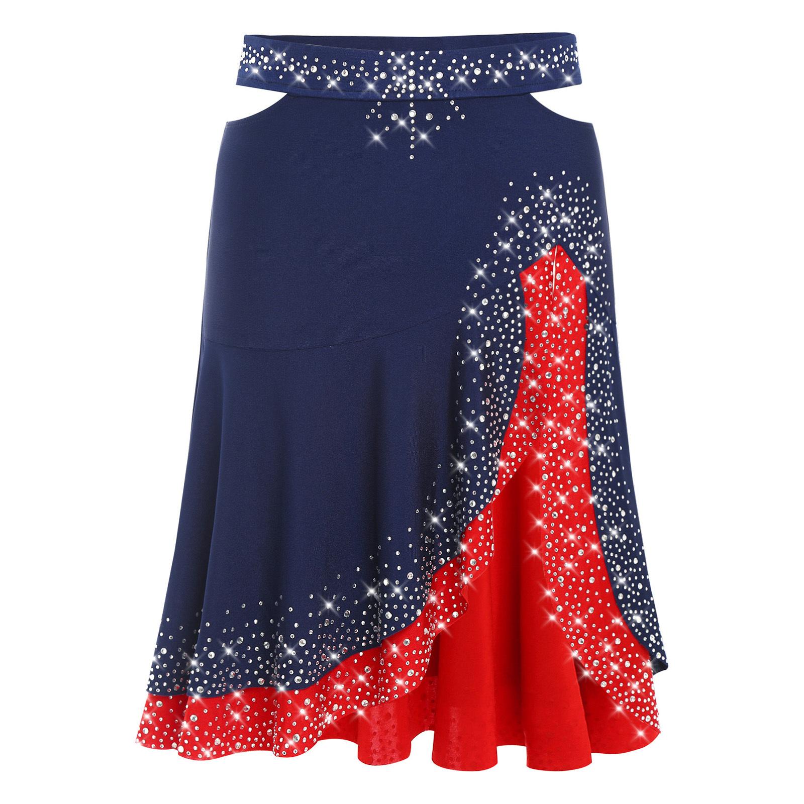 

Жіноча спідниця для джазу та латини, блискучі стрази, контраст кольорів, розрізи з боків, спідниця з рюшами для виступів S темно-синього кольору