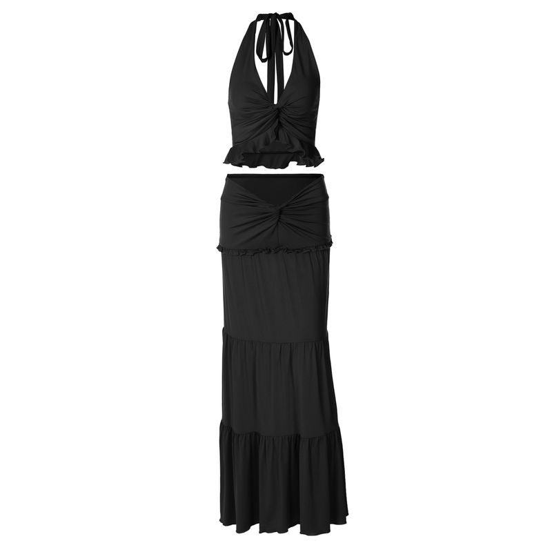 Fashion Style Sexy Sexy Fashion Suit Women's V Neck Halter Spaghetti Straps Vest High Waist Stitching Long Skirt Two-piece Set