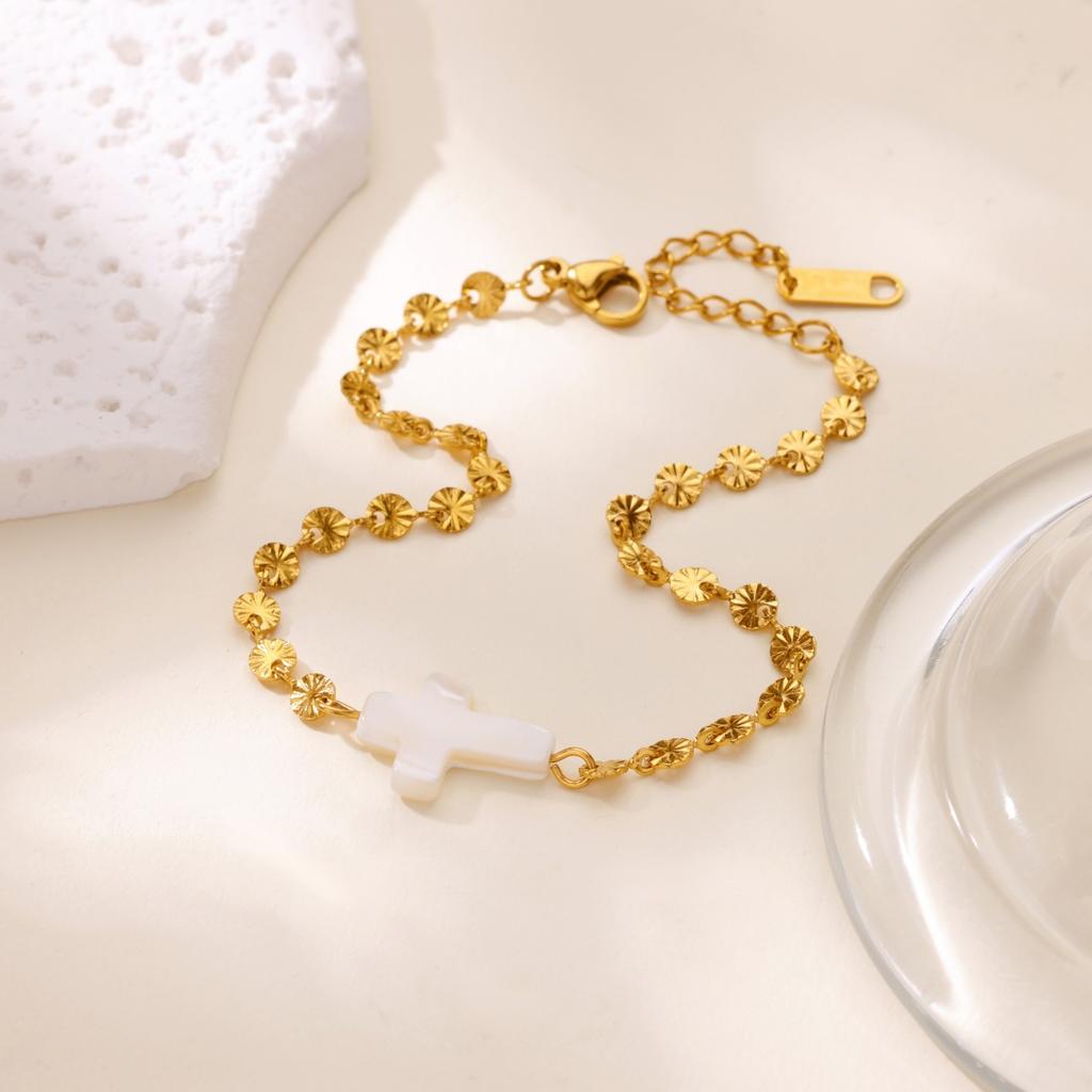 Stainless Steel Geometric Heart Cross Pearl Link Bracelets For Women Gold Color Pearl Bracelet Fashion Luxury Jewelry Gift