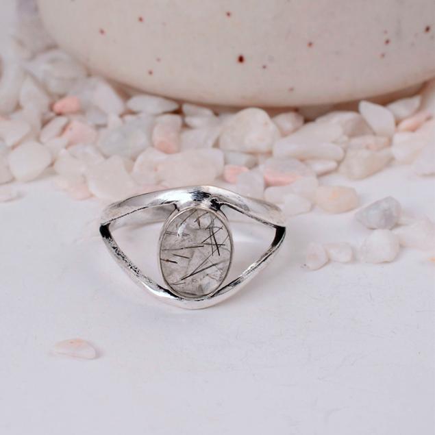 Rutilated Quartz Silver Plated Eye Ring | Modern Boho Brass Statement Jewelry | Clarity Stone Gift for Her