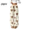 Soft Drawstring Sleeping Trousers Women Fuzzy Pants, Heart Print Wide Leg Pajama Bottoms with Elastic Cozy Winter Home Pants Waist Drawstring,
