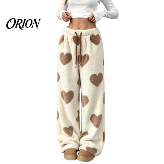 Soft Drawstring Sleeping Trousers Women Fuzzy Pants, Heart Print Wide Leg Pajama Bottoms with Elastic Cozy Winter Home Pants Waist Drawstring,