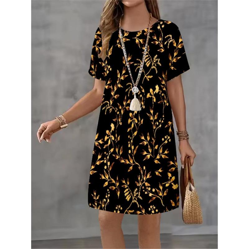 Women Elegant Temperament Dress Summer New Short Sleeved Dress Fashion New Flower Print Casual Retro Mini A-line Dress