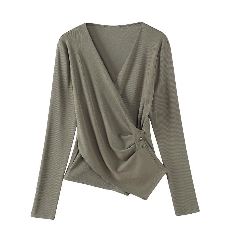 Autumn Women's Wrinkled V-Neck Long Sleeve T-Shirt