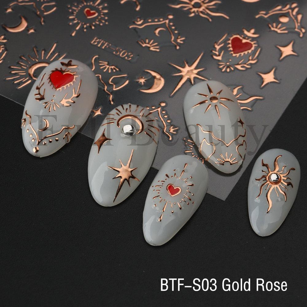 1PC Bronzing Heart Stickers for Nails Gold Sliver Laser Butterfly Star Moon Adhesive Sliders DIY Nail Art Accessories Deco GLBTF-S