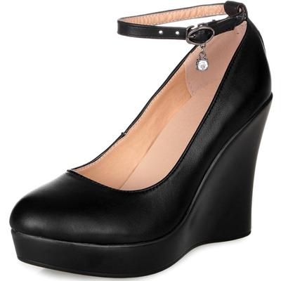 Crystal Queen High Heels Platform Wedge Female Pumps Women's Flock Buckle Bowtie Ankle Strap Wedding Shoes Round Black 8cm 10cm