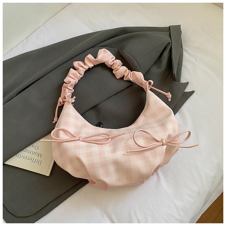 Korean Version Bow Pleated Hand Bag New Shoulder Bag Foreign Style Plaid Commuter Messenger Bag Casual Crescent Bag Tide