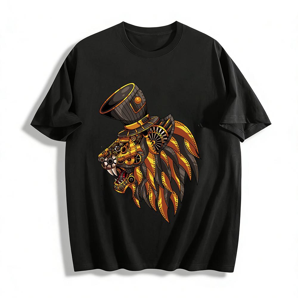 Steampunk Mechanical Lion Print Trendy Loose Casual Top Pure cotton T-shirt XXS