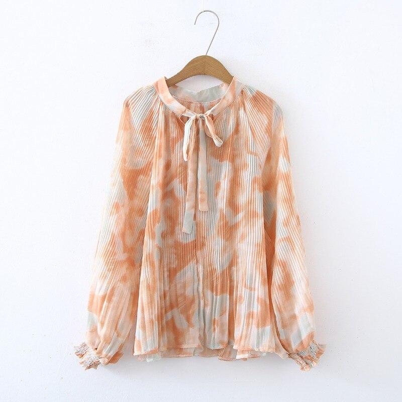 

Модная прессованная плиссированная женская блузка с длинным рукавом и воротником-бабочкой, шифоновая рубашка, женские элегантные свободные повседневные топы 29343 M оранжевый