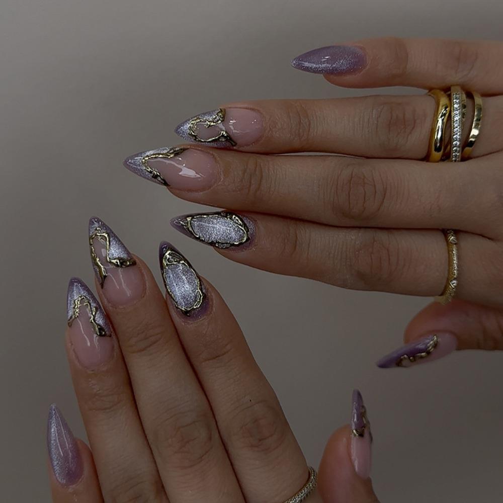24Pcs Long French Flame False Nails Dark Star Moon Almond Stiletto Ballerina False Nails Press on Nails Fake Nails DIY Manicure