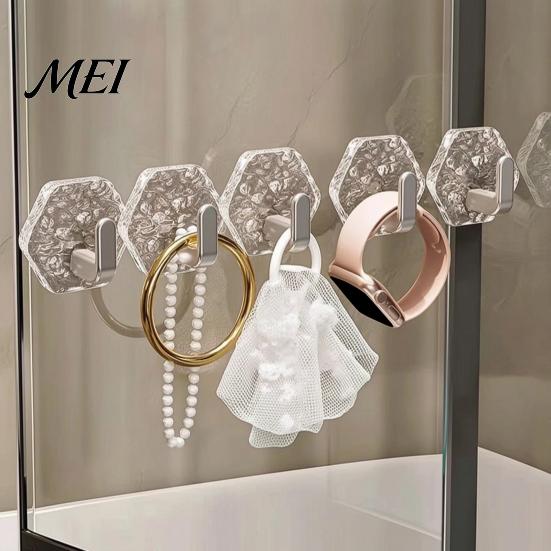 Wall Storage Hooks Acrylic Adhesive Hooks, Hexagonal Wave Shape, No Drilling Easy Transparent Installation Hook, Modern Style Clear for Bathroom