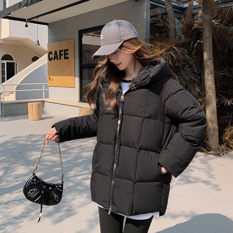 

Зимняя пуховая куртка женская свободная средней длины с капюшоном студенческая модная свободная стеганая куртка прилив XL чёрный