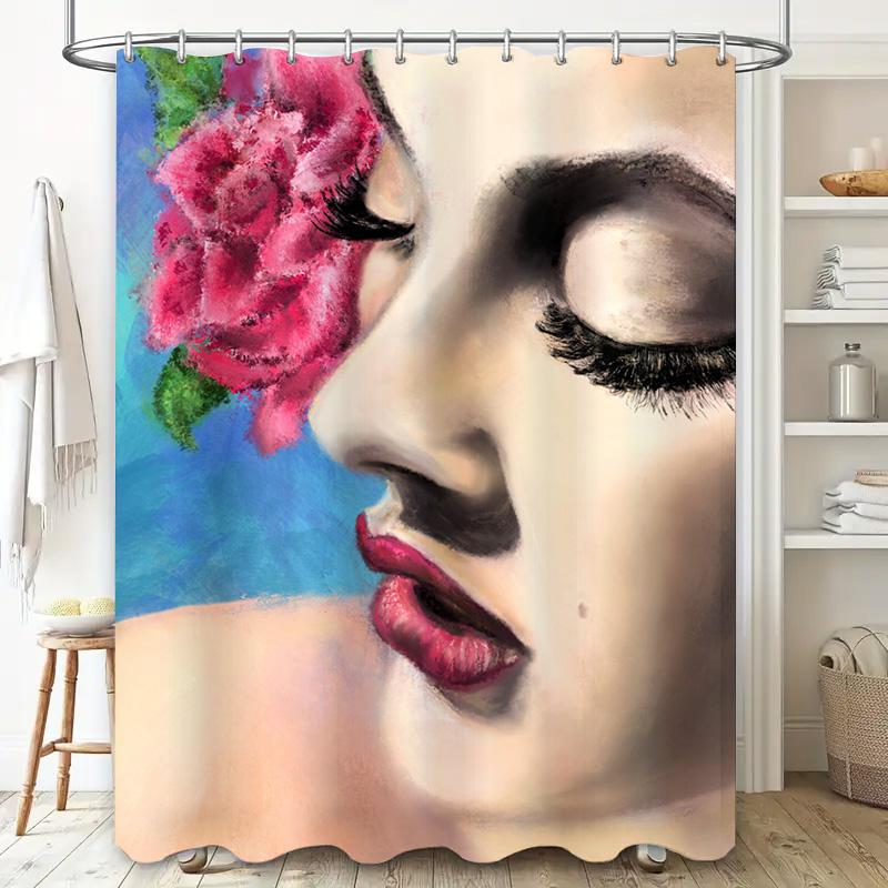 Luxury Watercolor Art Print Shower Curtain for Bathroom Decor Pink Rose Beauty Girl Design (Size: 72x84inches)