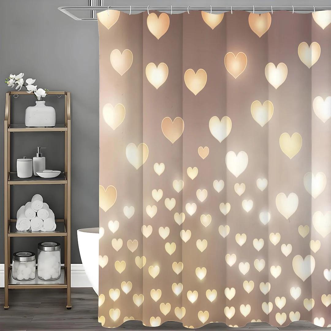 Valentine s Day Golden Heart Shower Curtain, Bathroom Decorative Shower Curtain, Waterproof Shower Curtain with Hooks W90xH180cm