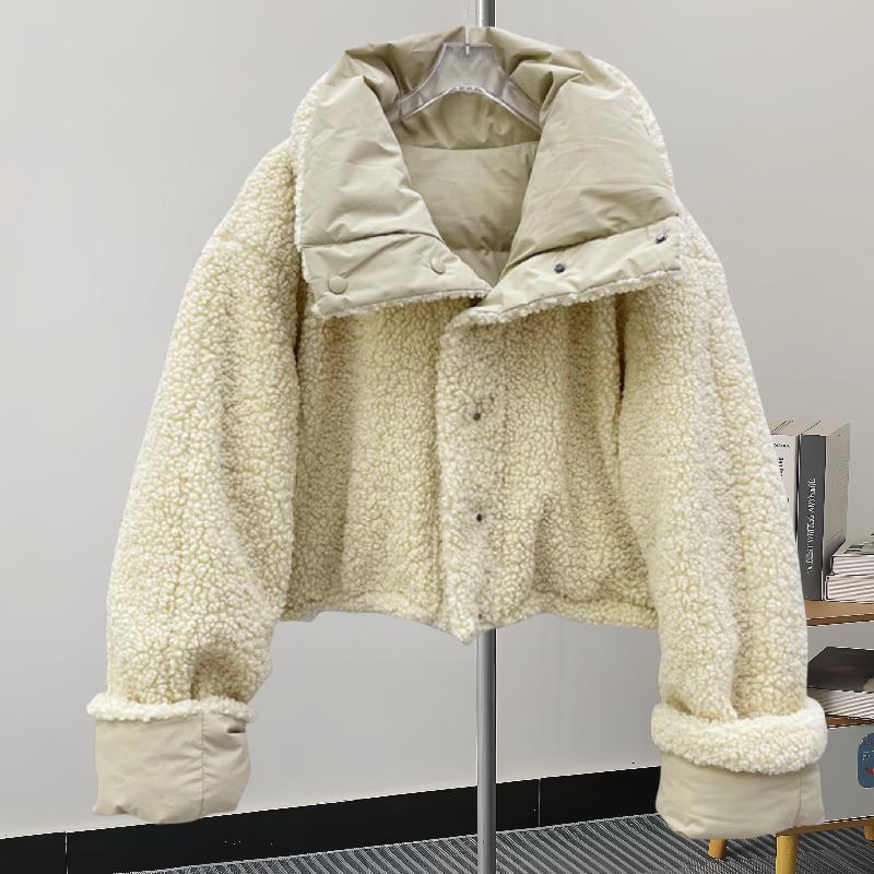 Women's Beige Patchwork Faux Rabbit Fur Parka Coat Warm Fashion Overcoat Harajuku Vintage Padded Coats Winter