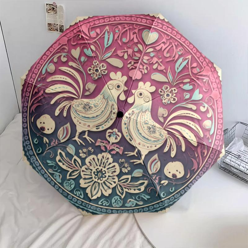 Rooster pattern, automatic folding umbrella, portable and foldable design, 8 ribs, a Christmas or birthday gift.