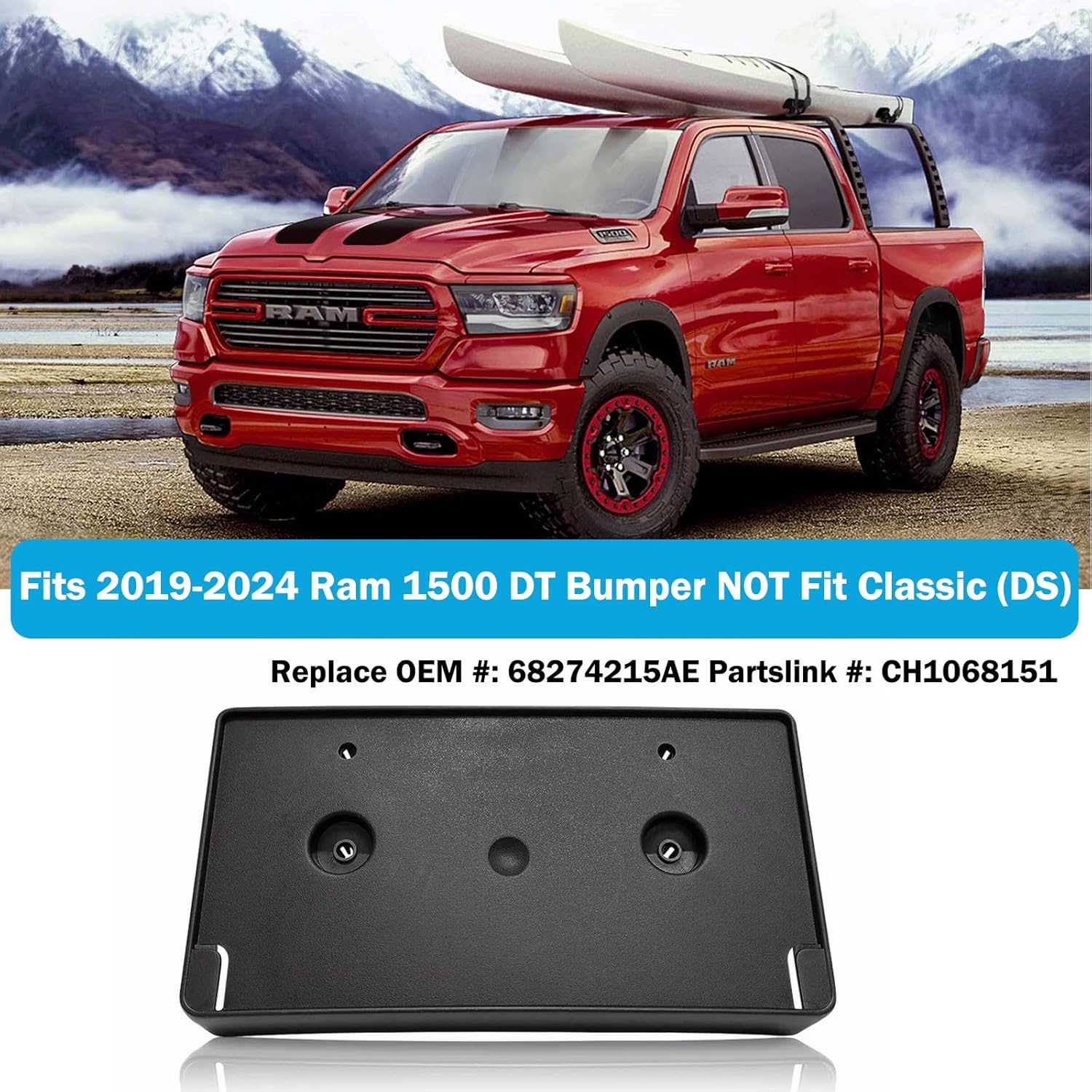 Front License Plate Frame for Dodge Ram 1500 DT 2019 2020 2021 2022 2023 2024 NO Drill Front Bumper License Tag Plate Holder Mounting Bracket Replace