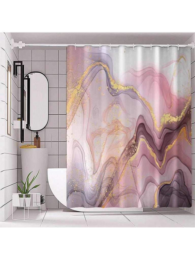 Home Decoration Gold Wave Shower Curtain Set Including Toilet Seat Cover, U-Shaped Mat, Bath Mat,Bathroom Accessories With Hooks
