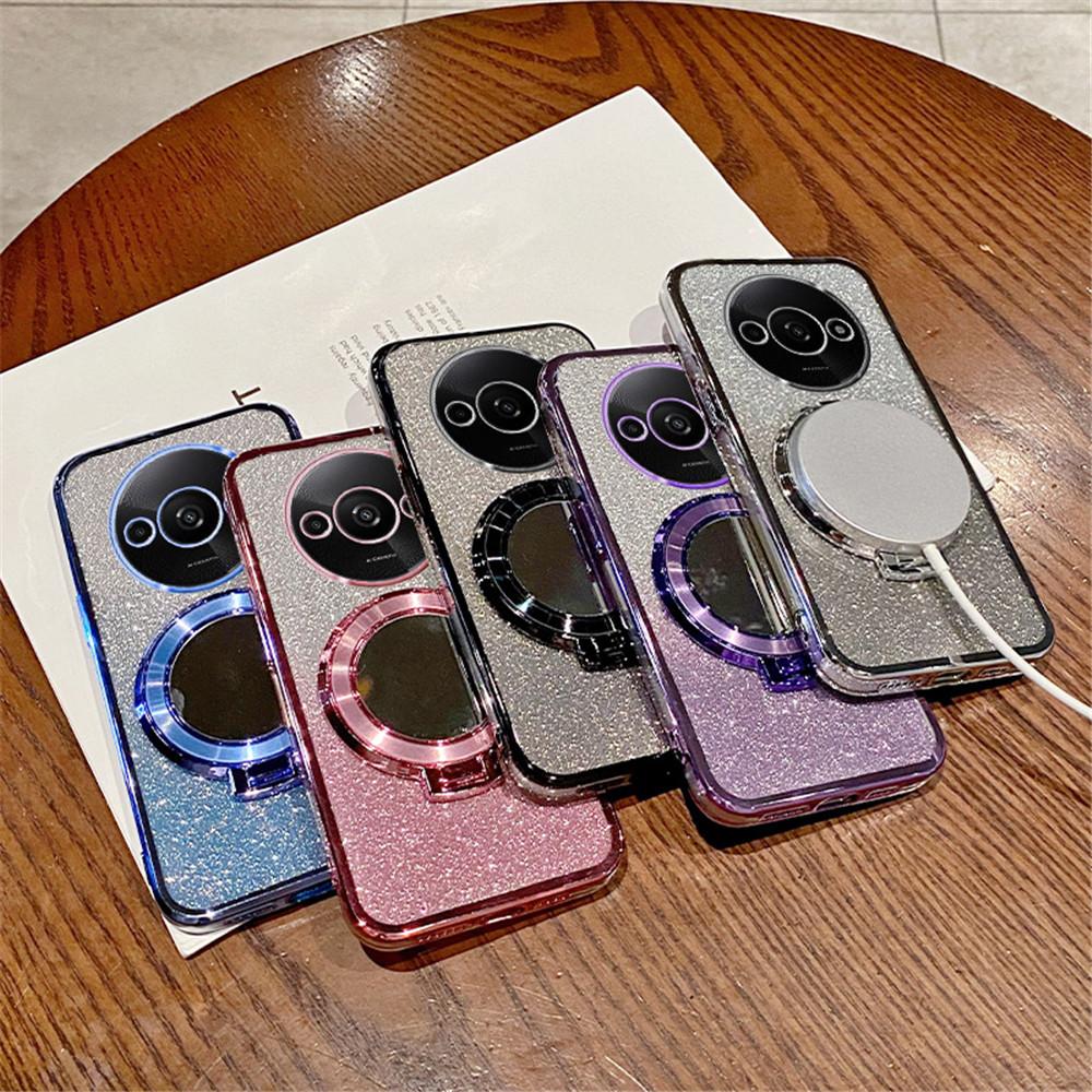 Redmi A3 Magnetic Case Plating Glitter Mirror Bracket Stand Holder Cover For Xiaomi Redmi 13C 12 12C 10 10C 10A 9 9C 9A A1 Plus