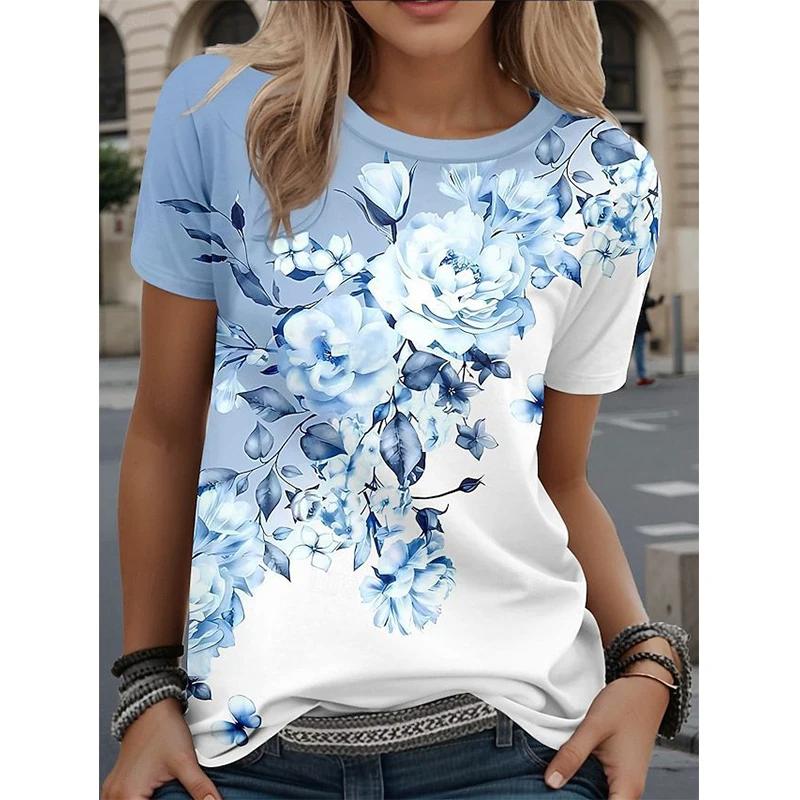 Flower Print Short Sleeve Fashion Versatile Top Comfortable T-Shirts Women’s S