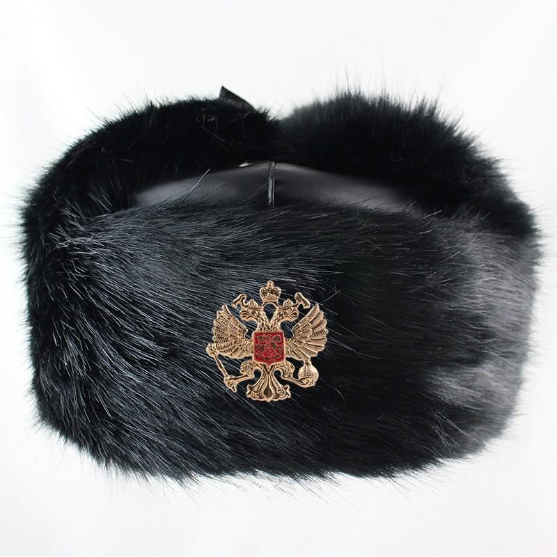 Winter Warm Faux Fur Trapper Hat With Soviet Emblem PU Leather Cap Men Women Skiing Snowboarding Cold Weather Protection