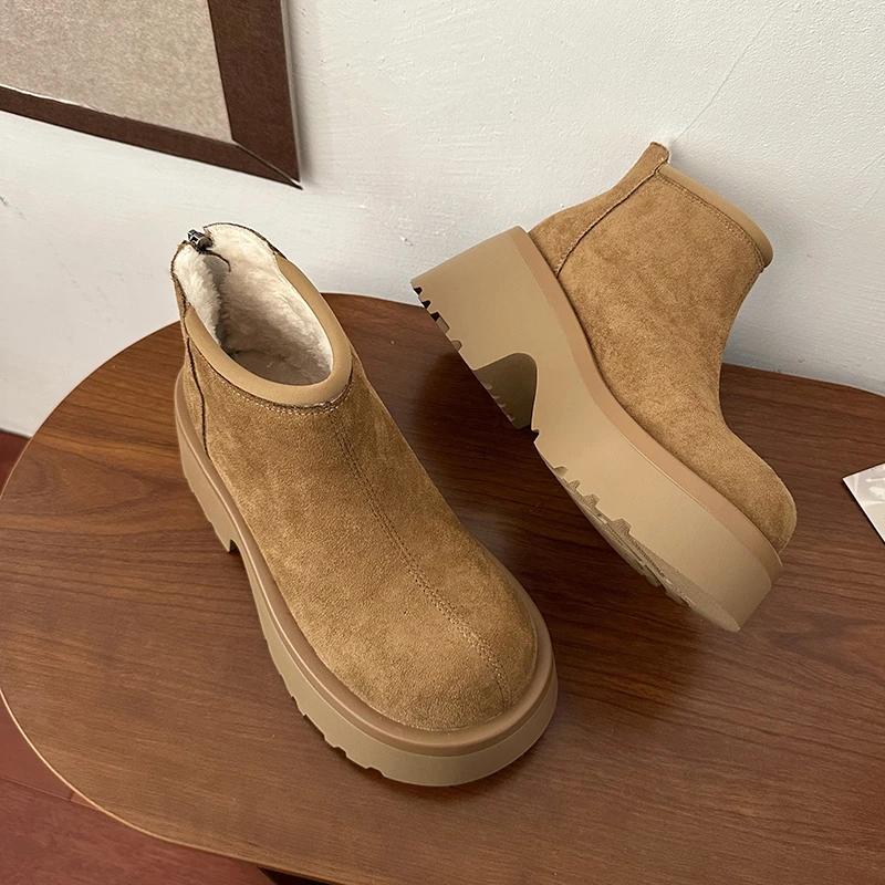 High Heels Suede Platform Ankle Snow Boots Women Plush Cotton Shoes Fashion Chunky Boots 2024 Trend Non Slip Pumps Botas Mujer
