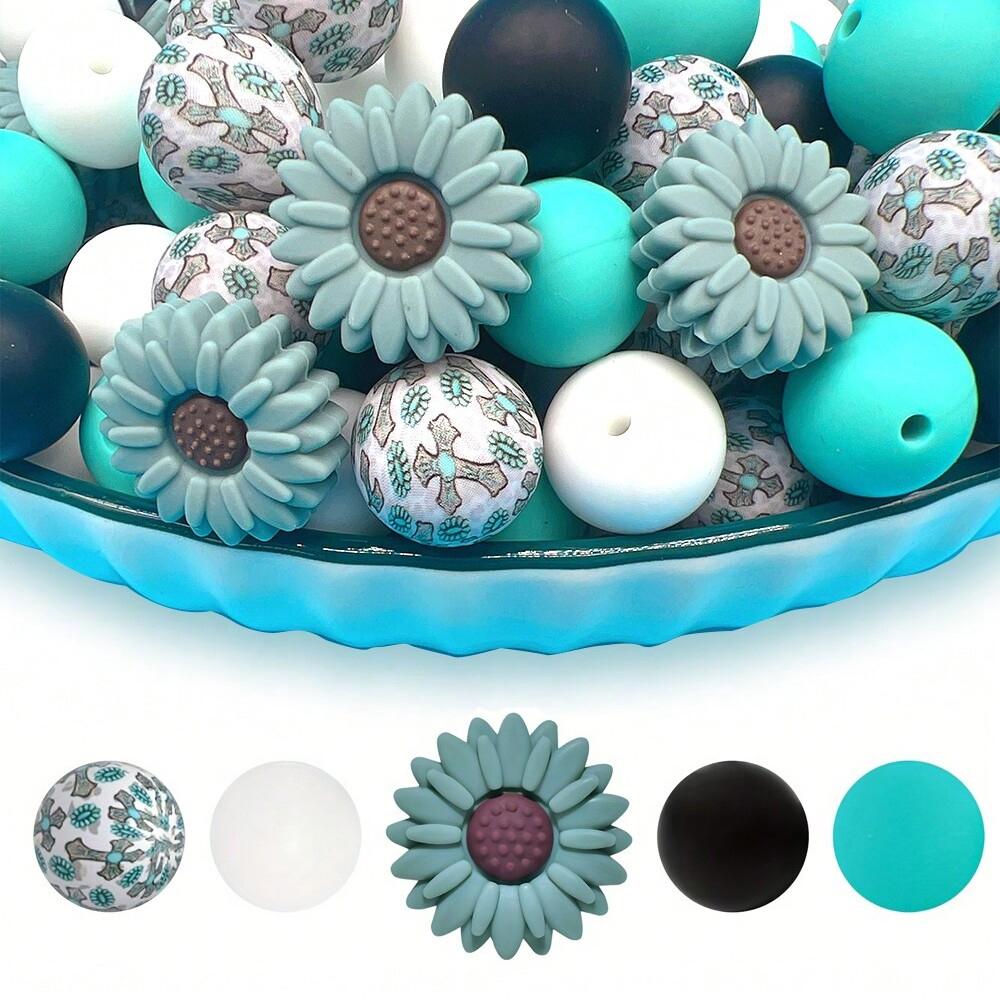 25PCS daisy and floral printed silicone bead set, punk style, suitable for DIY keychains, bracelets, bead pens