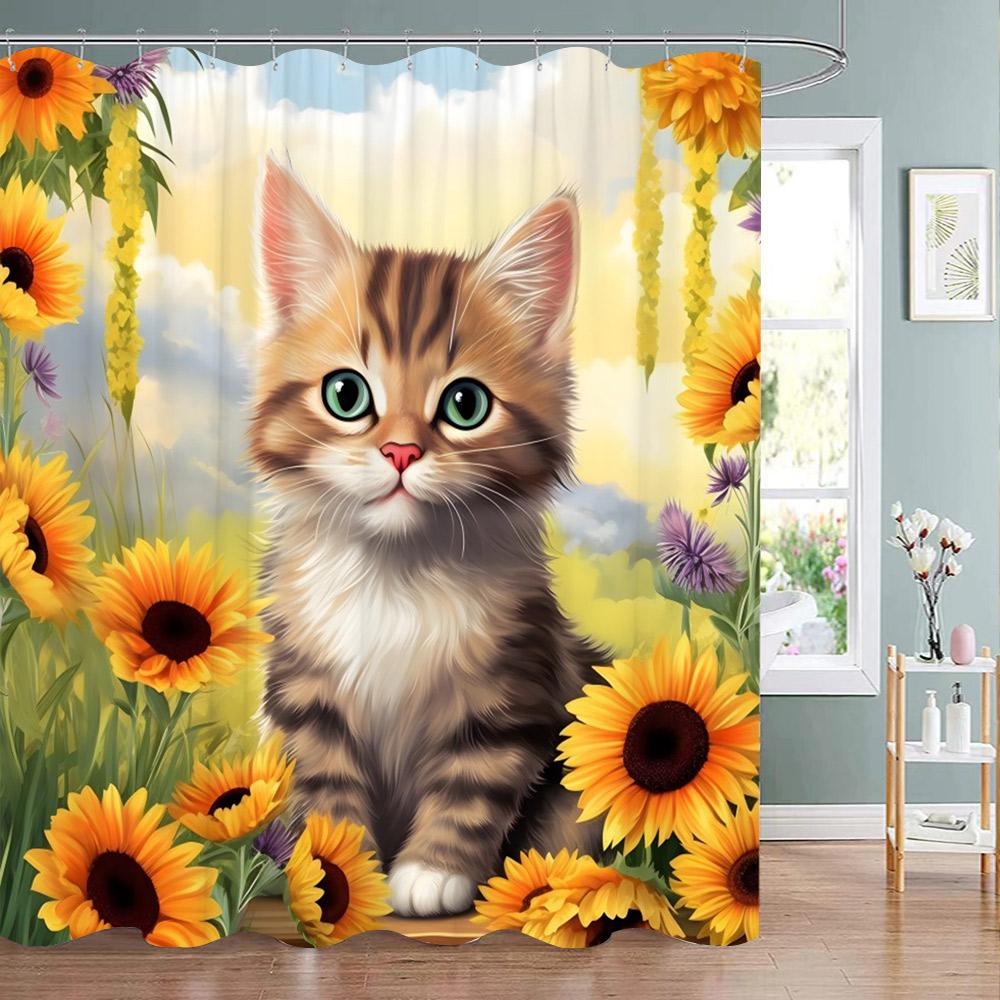 Funny Animal Shower Curtain Cute Cat in Flower with Butterfly Fluttering Polyester Fabric Washable Shower Curtain Bathroom Decor