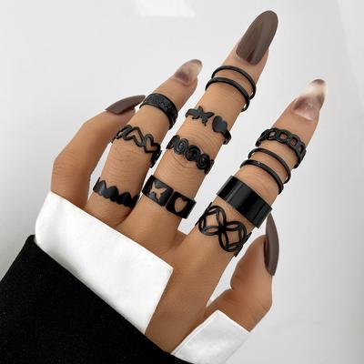 11PCS Fashion Women Heart Butterfly Knuckle Rings Set Balck Color Band Ring Jewelry for Female Accessories Party Birthday Gifts