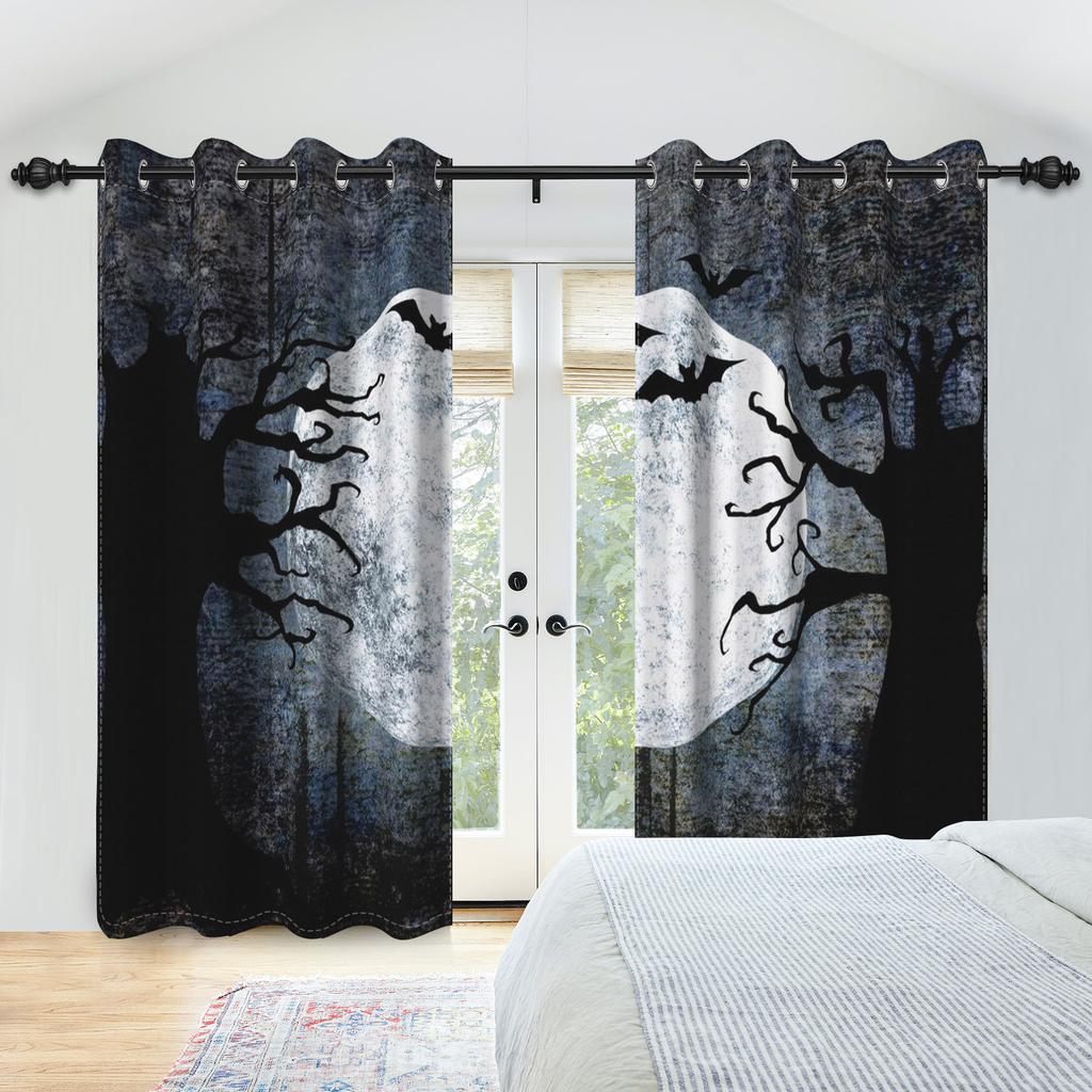 2pcs/set Horror Halloween Window Curtain Full Moon Night Tomb Iron Gate Back Room Home Bedroom Decor Blackout Polyester Curtains