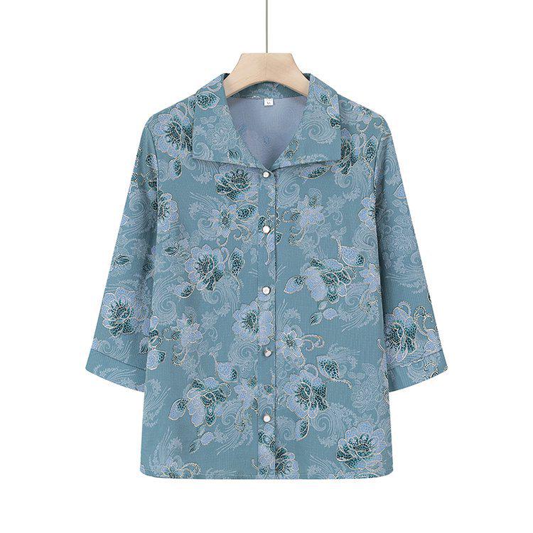 Printed Short-Sleeve Shirt for Middle-Aged Women, Loose Lapel Cardigan for Seniors