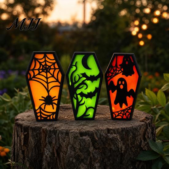 Solid Wood Halloween Craft Casket Decor, DIY Bat Ghost Ornament with Lights, Horror Decoration Spooky Graveyard Scene Prop for Party Home