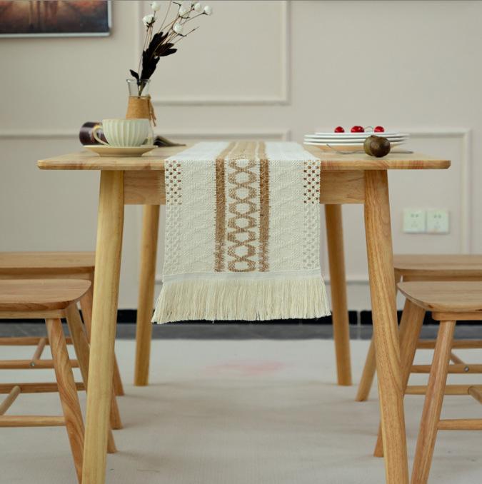 Tischfahne aus Baumwolle und Leinen zum Spleißen, zweifarbige gewebte Tischdecke mit Quaste, natürliches Material, Dekoration für den Homestay, pastorale Dekoration