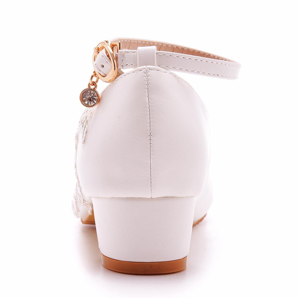 Crystal Queen Moda 3CM Tacchi Bassi Cinturino alla Caviglia Donna Scarpe da Festa Danza Matrimonio Pizzo Bianco Scarpe a Punta Donna