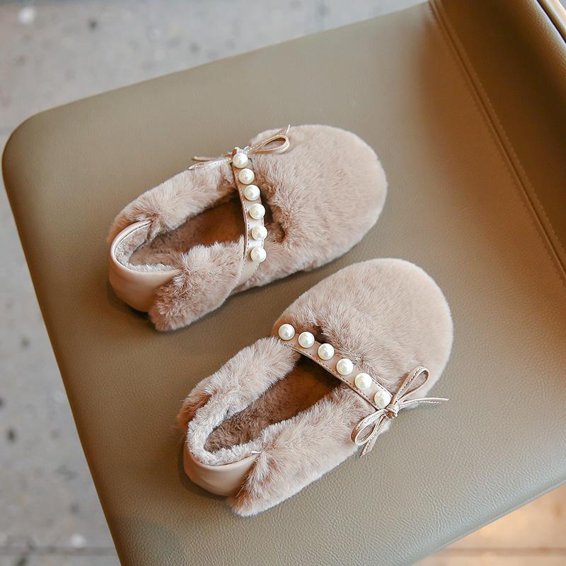 New Kids' Winter Shoes Warm Plush Girls Causal Princess Cotton Shoes Fashion Bowtie Children's Soft Moccasin Flat Shoes Simple