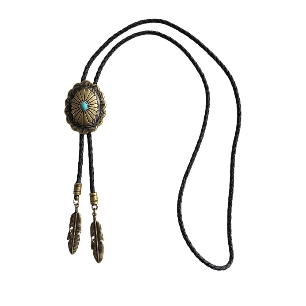 PU Woven Rope Turquoise Bolo Tie Ethnic Style Brass Carved Flowers Necktie  Women