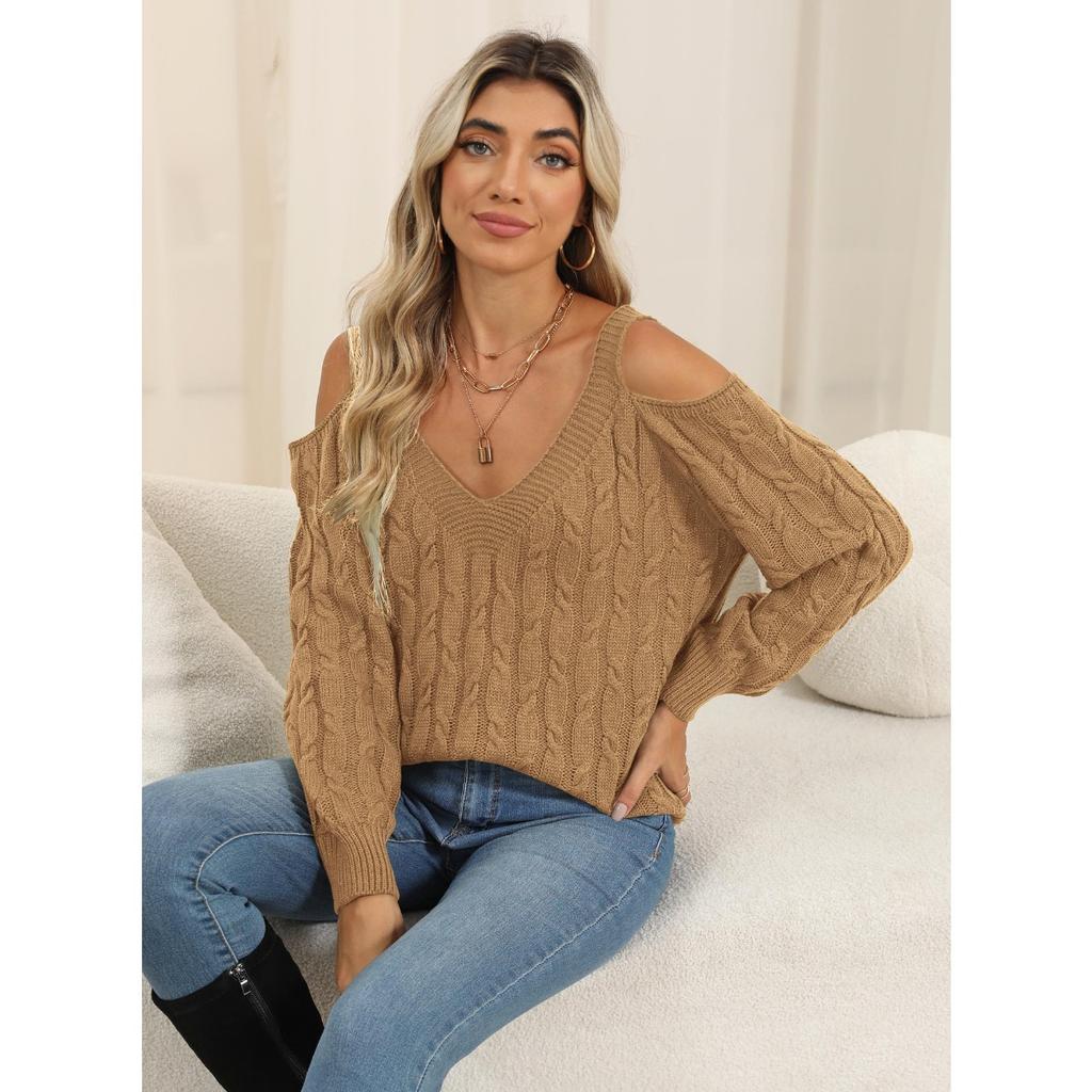 Women's Deep V Off Shoulder Loose Slouchy Knit Pullover Sweater, Fall Winter  Basic Top for Ladies