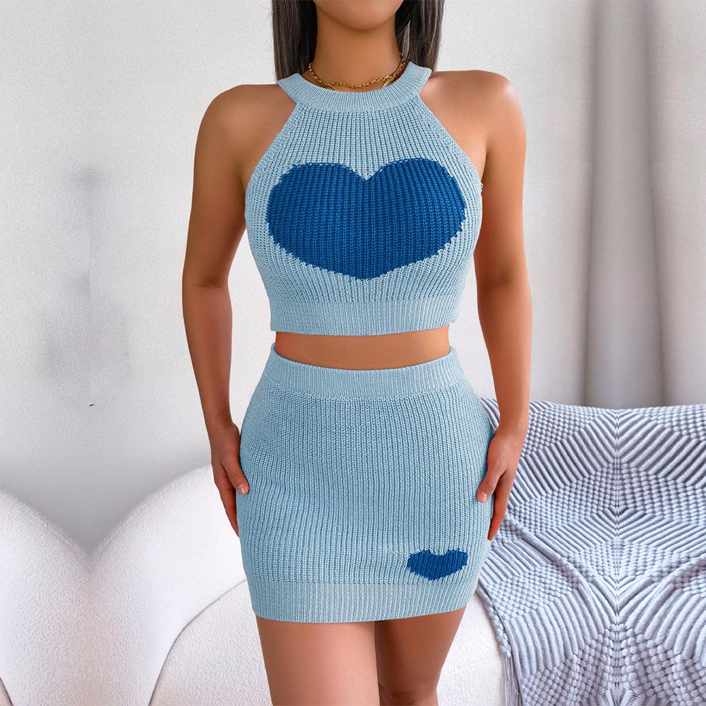 Women Spring Summer  Halter Neck  Sleeveless Heart Knitted Warp Hip Skirt Suits