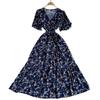 French Sexy Floral V-Neck Short Sleeve Lace-Up Waist Slim Pleated Long Dress