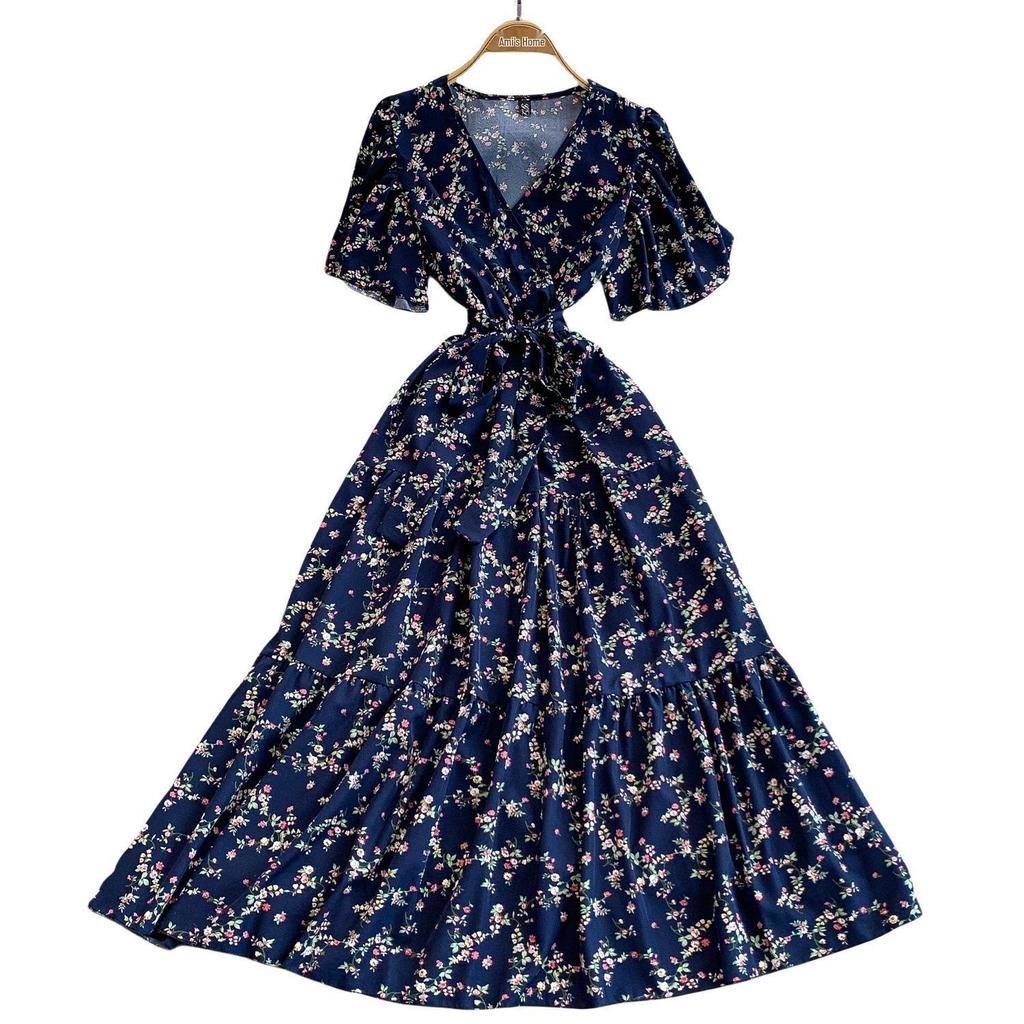 French Sexy Floral V-Neck Short Sleeve Lace-Up Waist Slim Pleated Long Dress