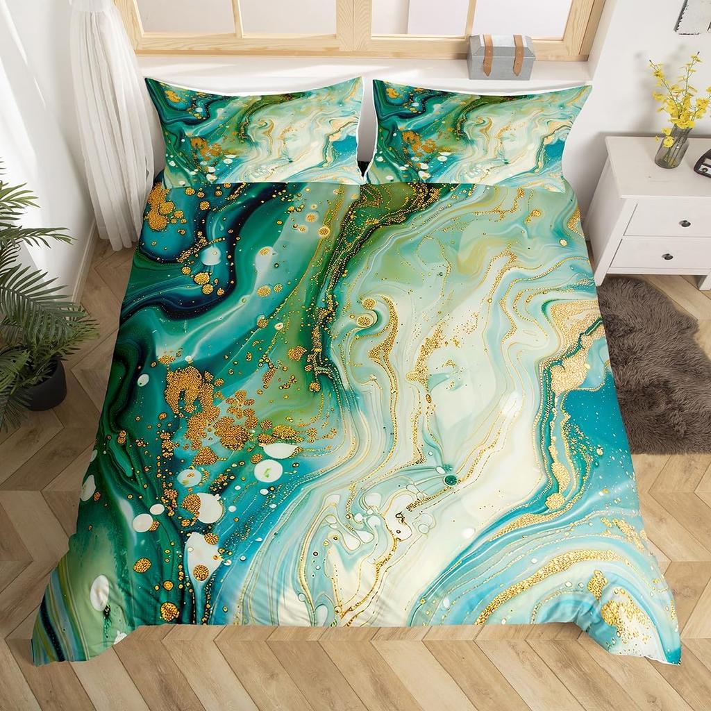 Green Marble Duvet Cover Twin King Marbling Texture Bedding Set Foil Print Glitter Comforter Cover Modern Abstract Art Bed Cover
