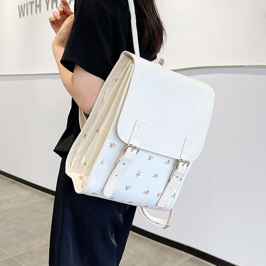 Fashi Flap Backpack PU Leather Flower School Bagpack College Travel Commuter Bag Shoulder Bag for Women Girl Daily Use Satchel