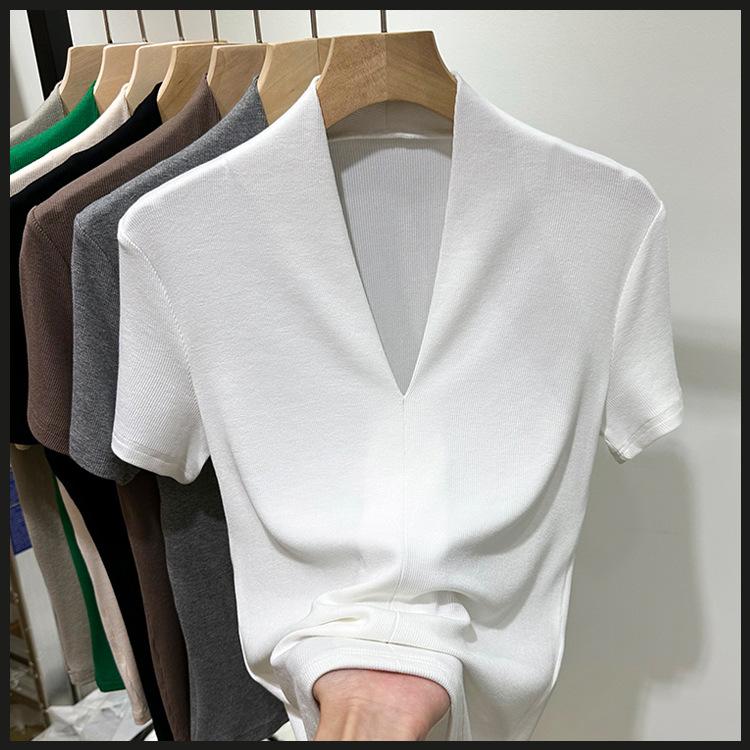 Threaded Fashion V-neck Short-sleeved T-shirt Women's Summer New Slim-fit Half-sleeved T-shirt Top