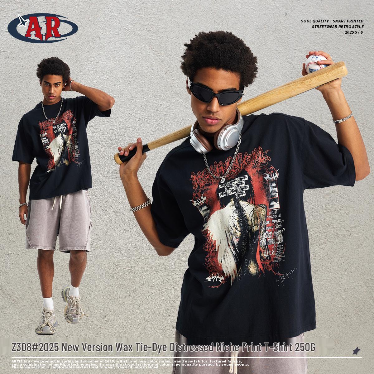 

ARTIE Men s 2025 Summer Retro Print Batik Washed T-Shirt - Loose Fit, Short Sleeve. M