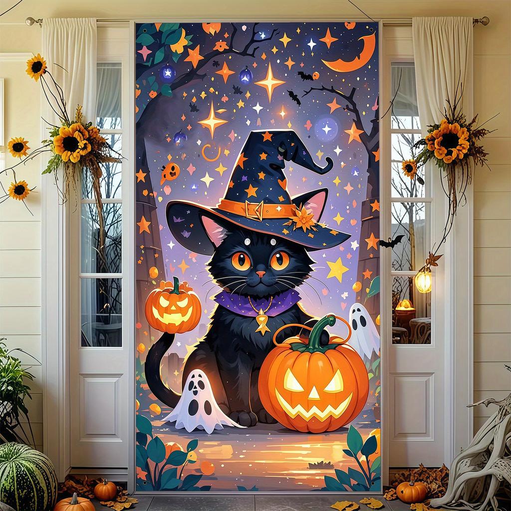 2D Flat Halloween Door Black Cat Witch Hat with Purple Necklace Pumpkin Ghost Starry Sky Pattern Durable Polyester Hanging Decor