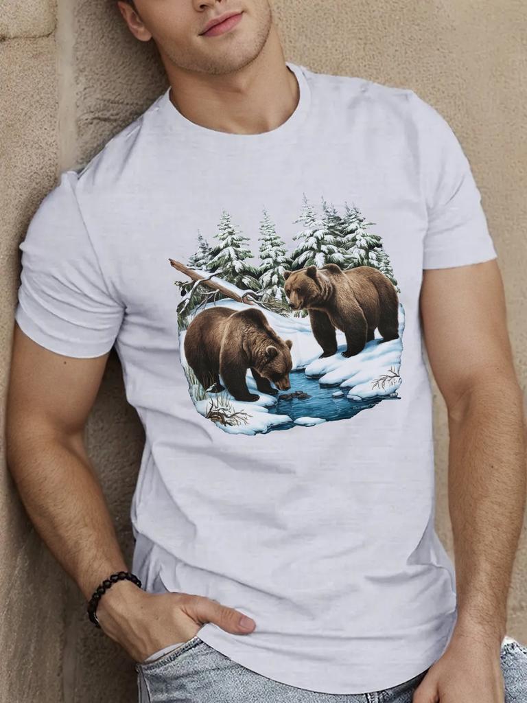 European sizes Men's Casual Short Sleeve T-Shirt with Unique Bear & Snowy Forest Design - Breathable Polyester, Round Neck, Machine Washable -
